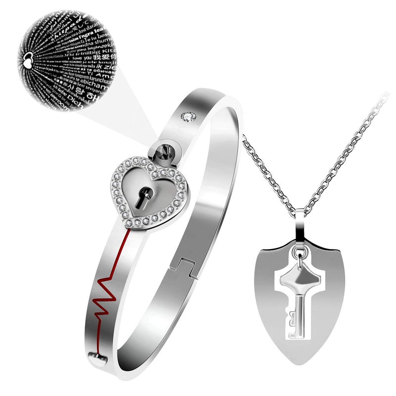 Uloveido 100 Languages I Love You Heartbeat Heart Bangle Bracelet & Shield Key Pendant Necklace for Lovers Friend and Friend Y953 (Steel Color) - Image 1
